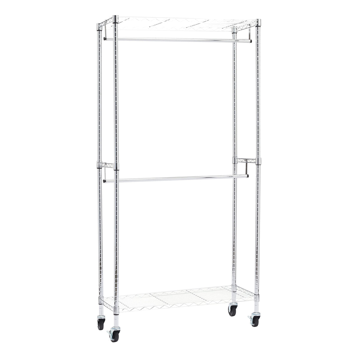 Amazon Basics double hanging rod rack in chrome finish for organized wardrobe.