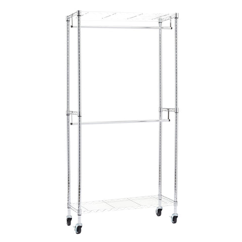 Amazon Basics double hanging rod rack in chrome finish for organized wardrobe.