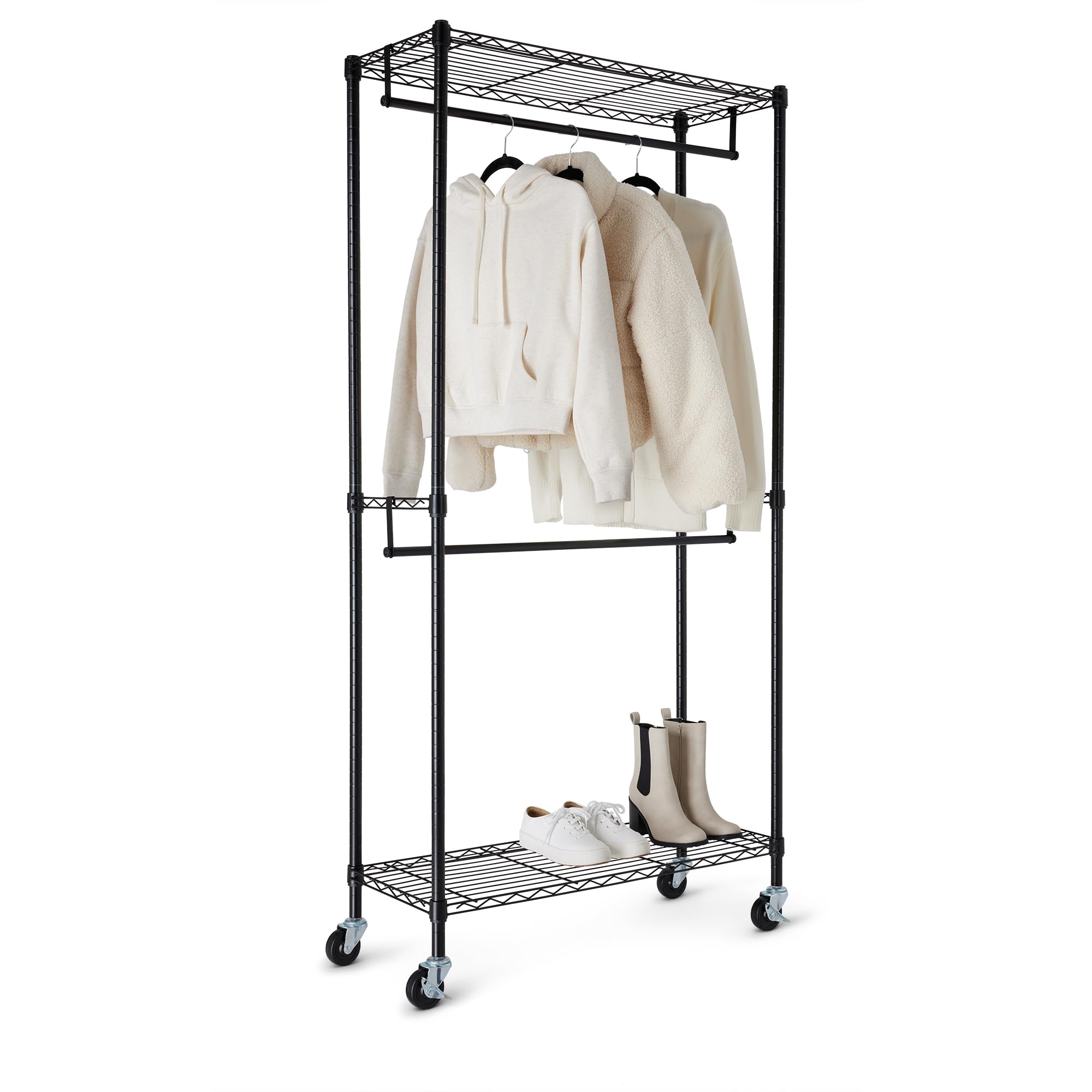Amazon Basics double rod garment rack top view for organized wardrobe