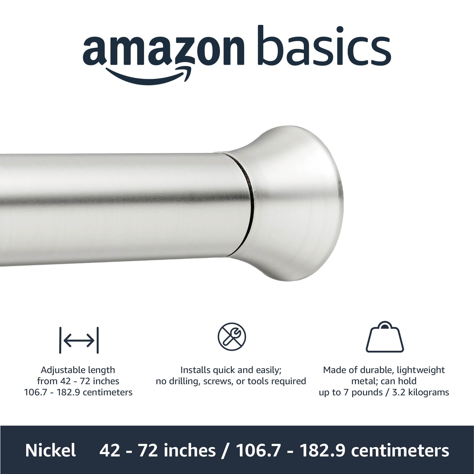 Amazon Basics tension rod with nickel finish adds modern shower style.