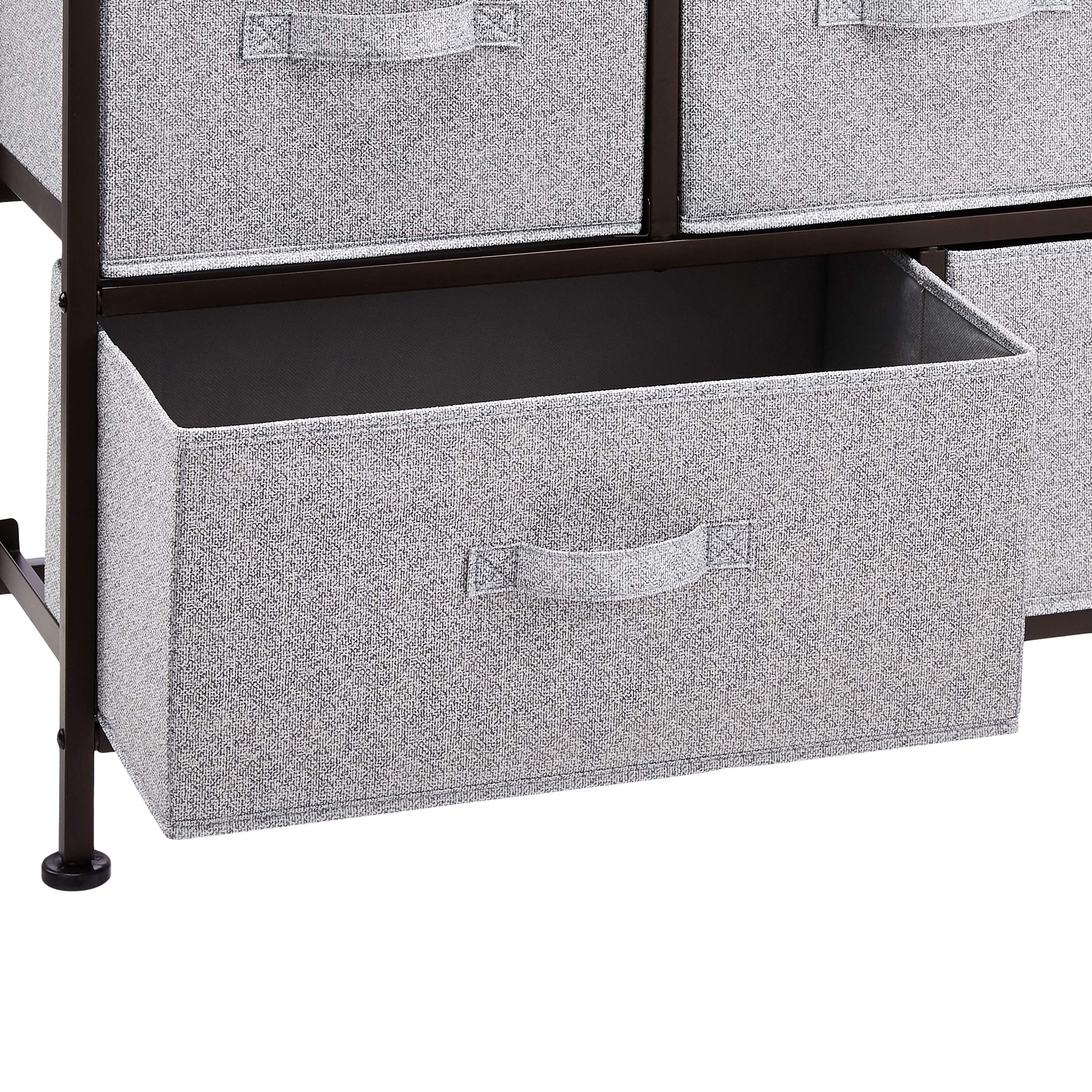 Amazon Basics bronze five-drawer organizer side view showing fabric drawers in a bedroom.