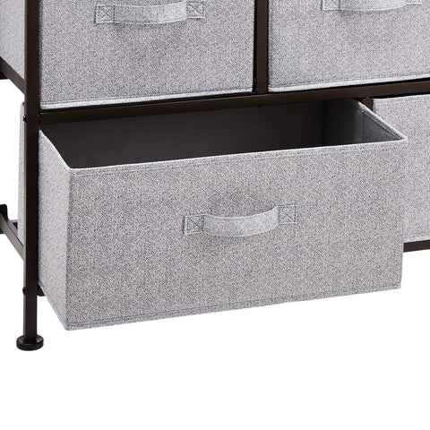 Amazon Basics bronze five-drawer organizer side view showing fabric drawers in a bedroom.