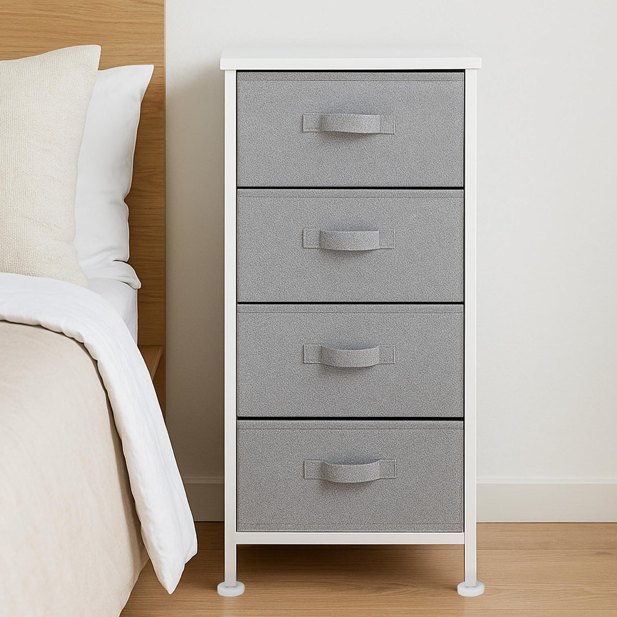 Amazon Basics fabric 4-drawer unit in closet showing white finish and organization benefits