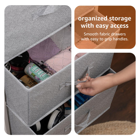 Front view of Amazon Basics fabric 4-drawer storage unit in a clean space