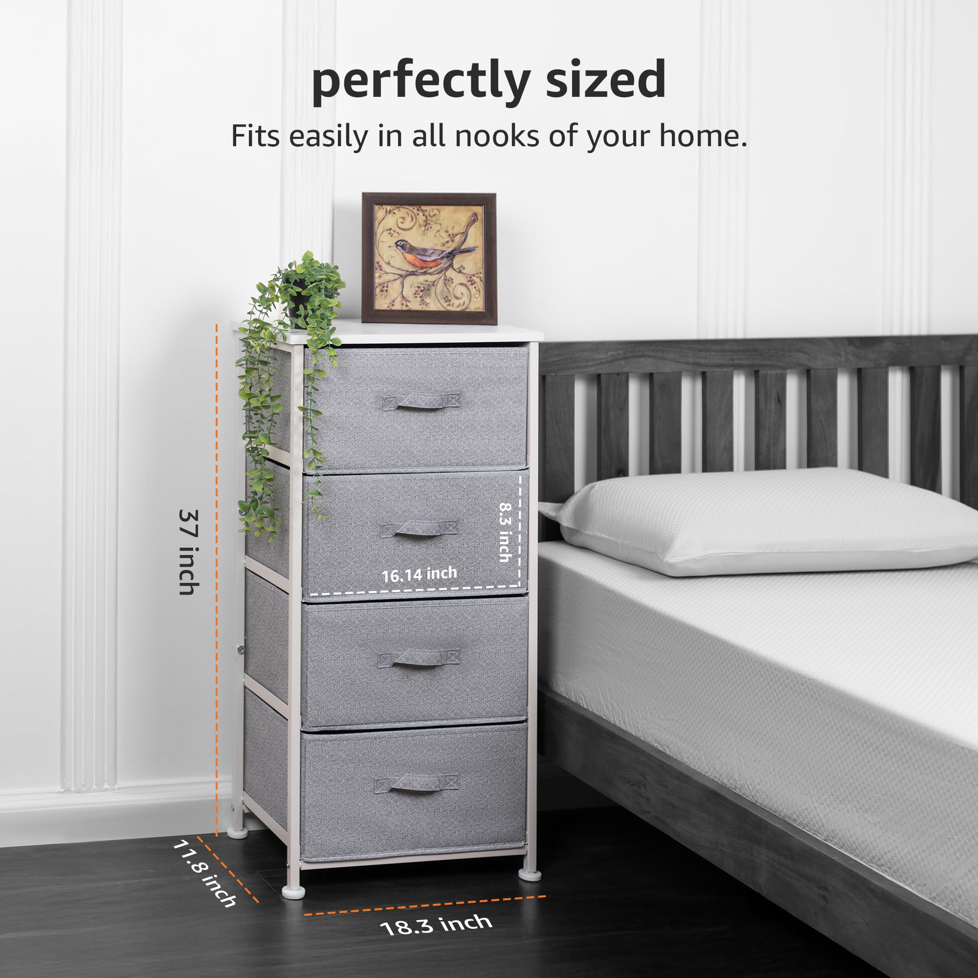 Side view of the Amazon Basics storage unit in a bedroom setup