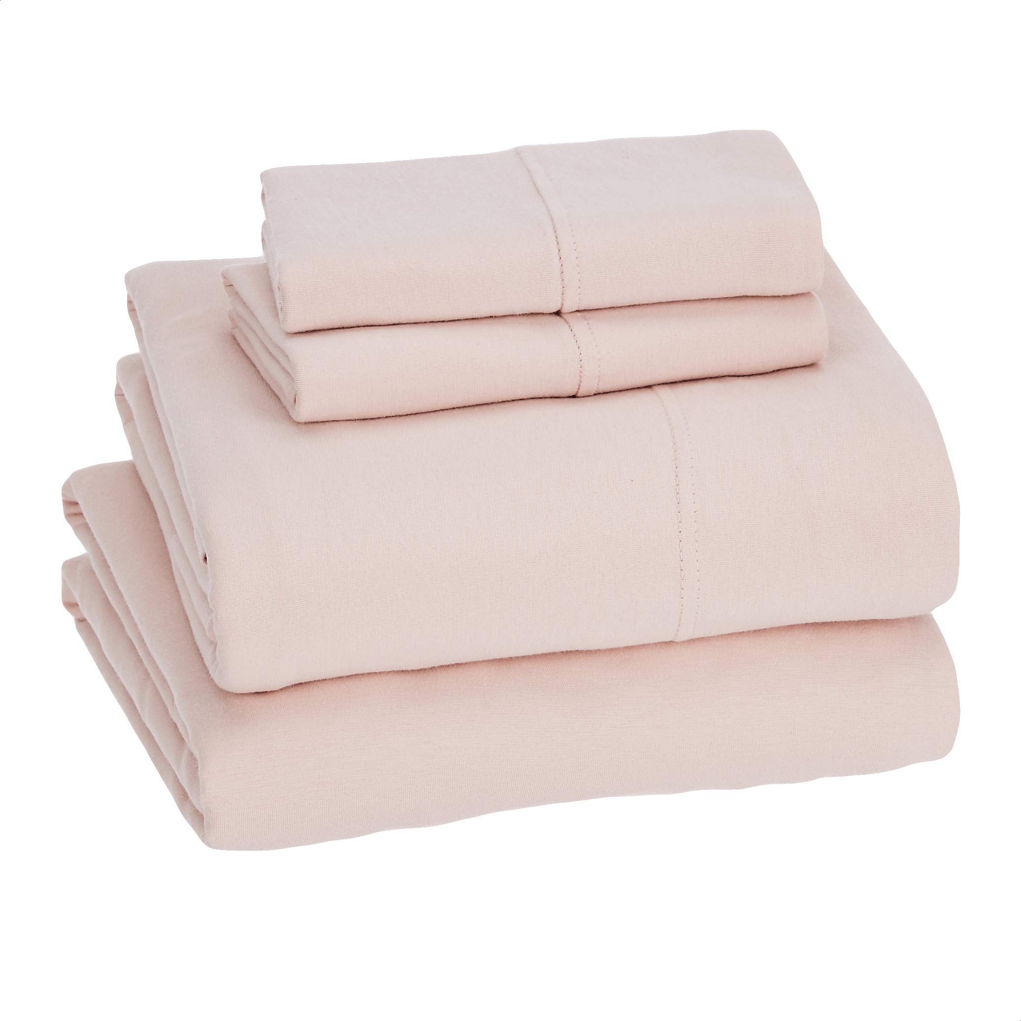 Amazon Basics fitted sheet in blush provides secure stretch for up to 14 inches.