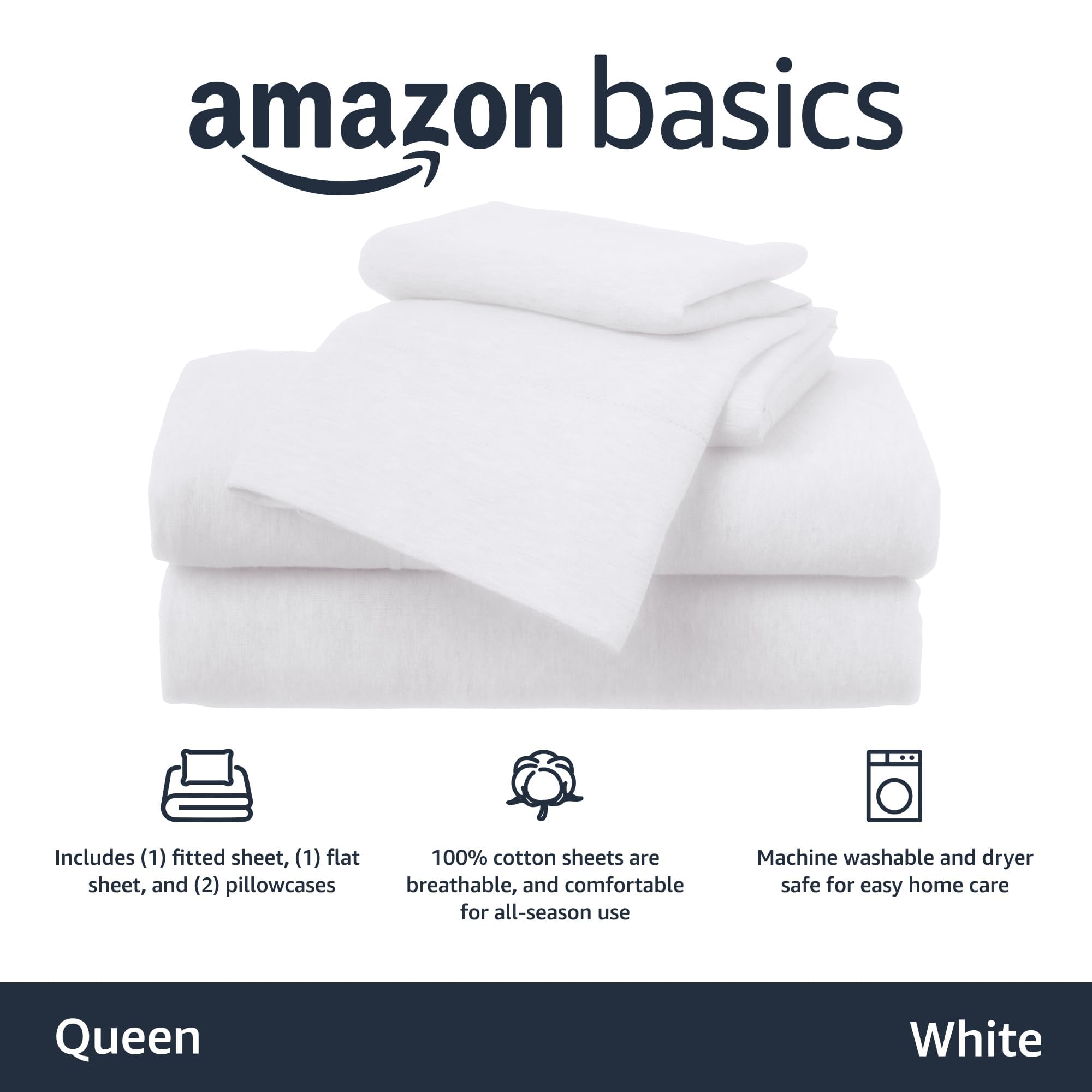 Amazon Basics fitted sheet queen white provides secure stretch for deep mattresses up to 14 inches.