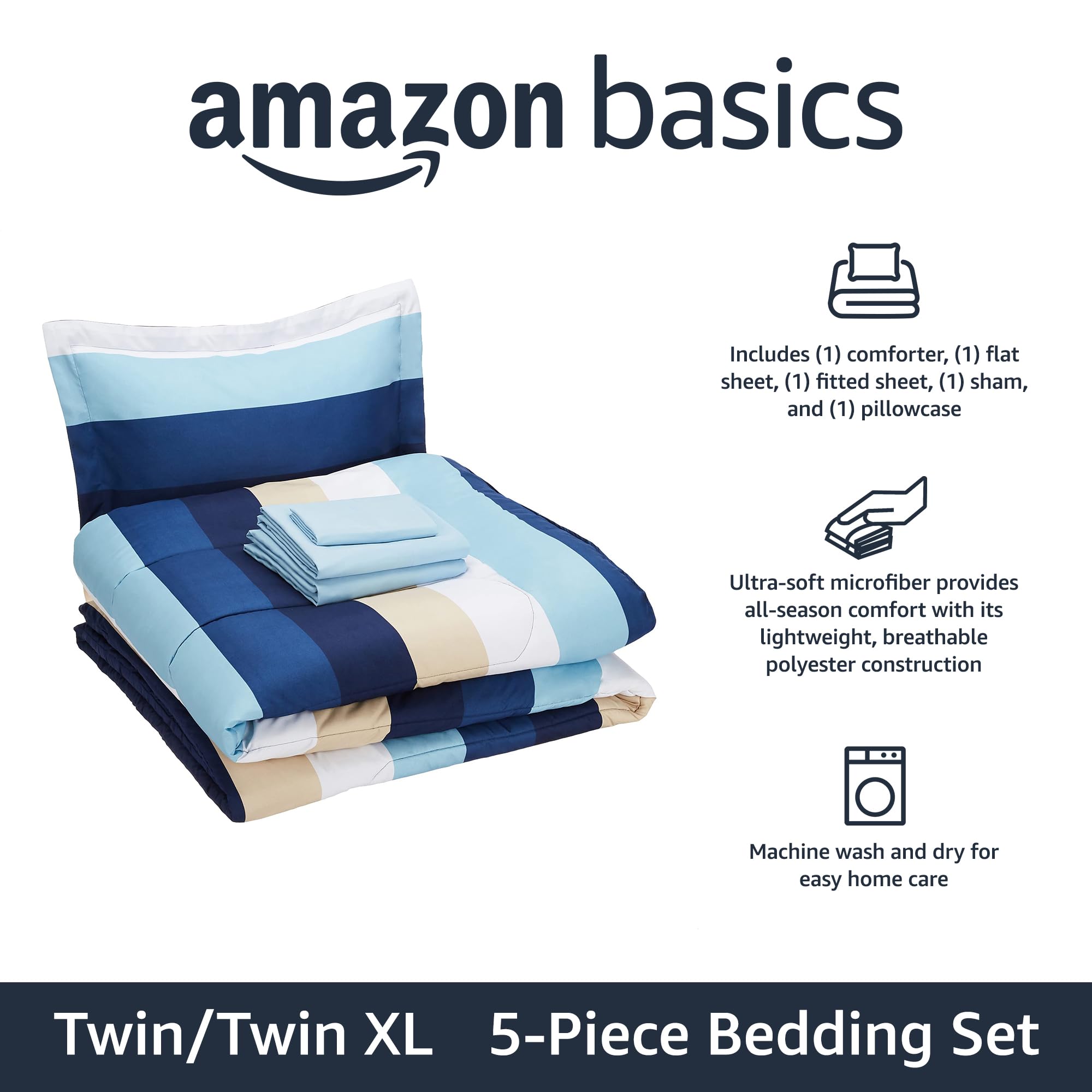 Amazon Basics blue stripe flat sheet adds roominess and easy care.