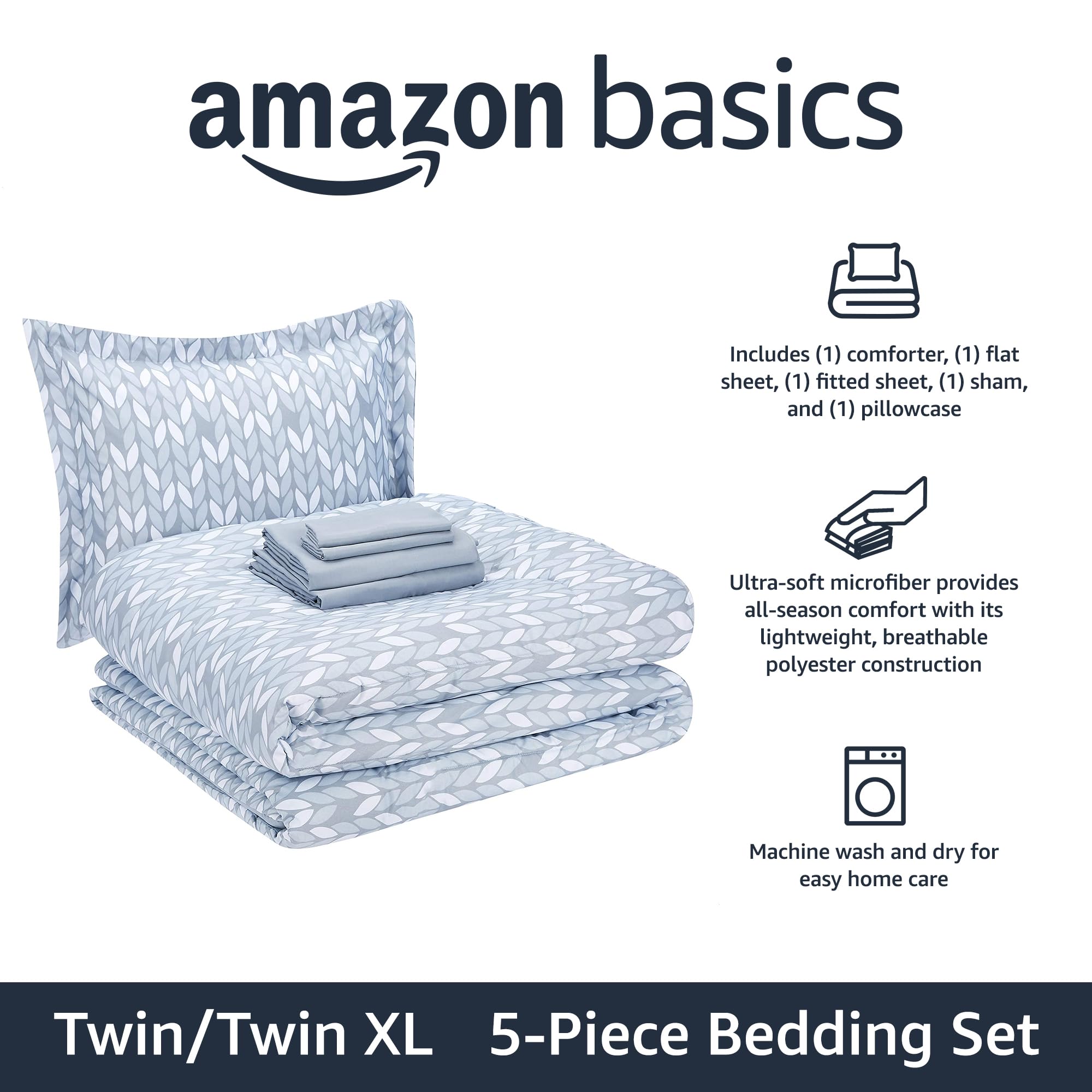 Amazon Basics flat sheet in gray leaf design adds a smooth, breathable layer