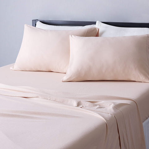 Amazon Basics flat sheet in blush offers breathable cotton comfort and easy care.