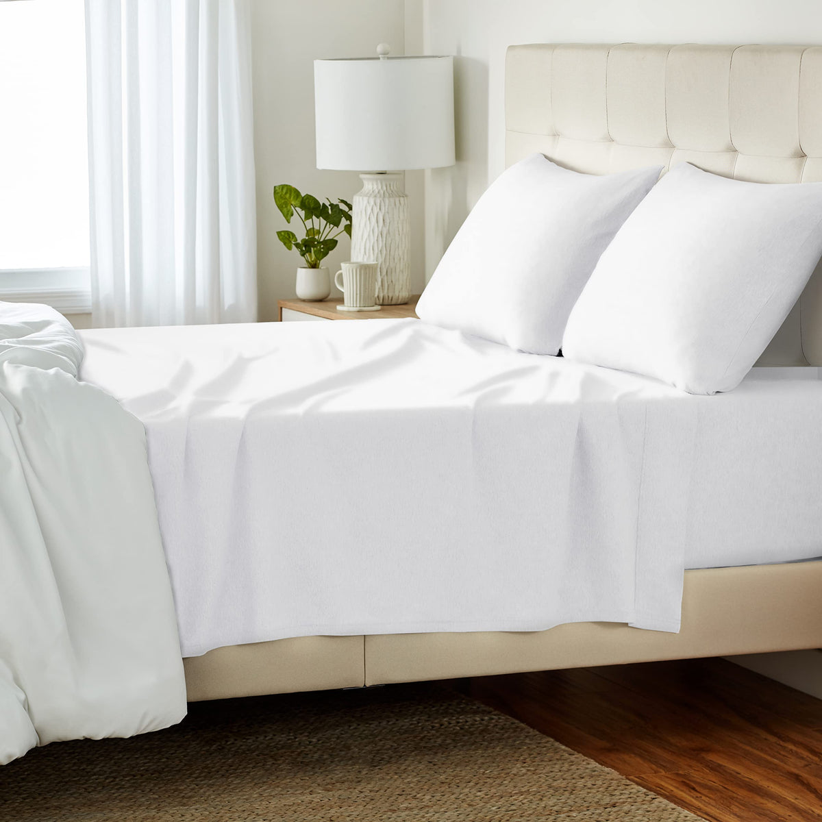 Amazon Basics flat sheet queen white shows breathable softness and easy care.