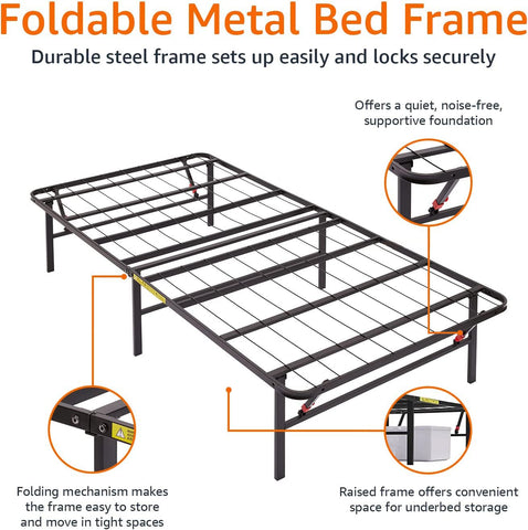 Amazon Basics foldable frame demonstrates tool-free setup for easy assembly.