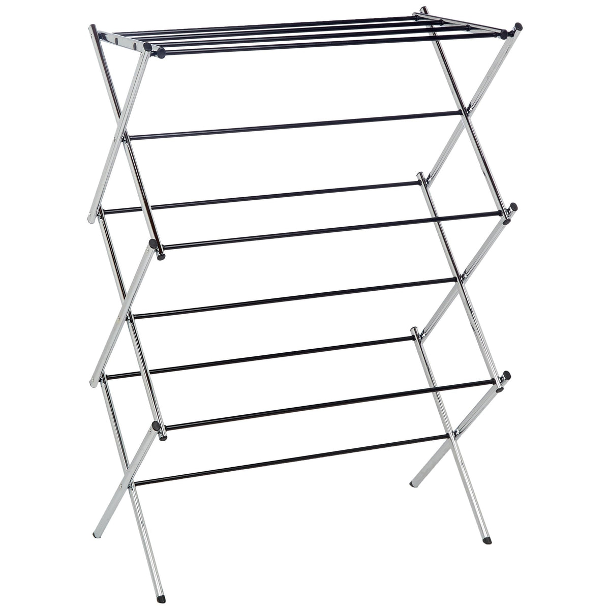 Amazon Basics foldable indoor drying rack in chrome steel for energy-efficient air drying.