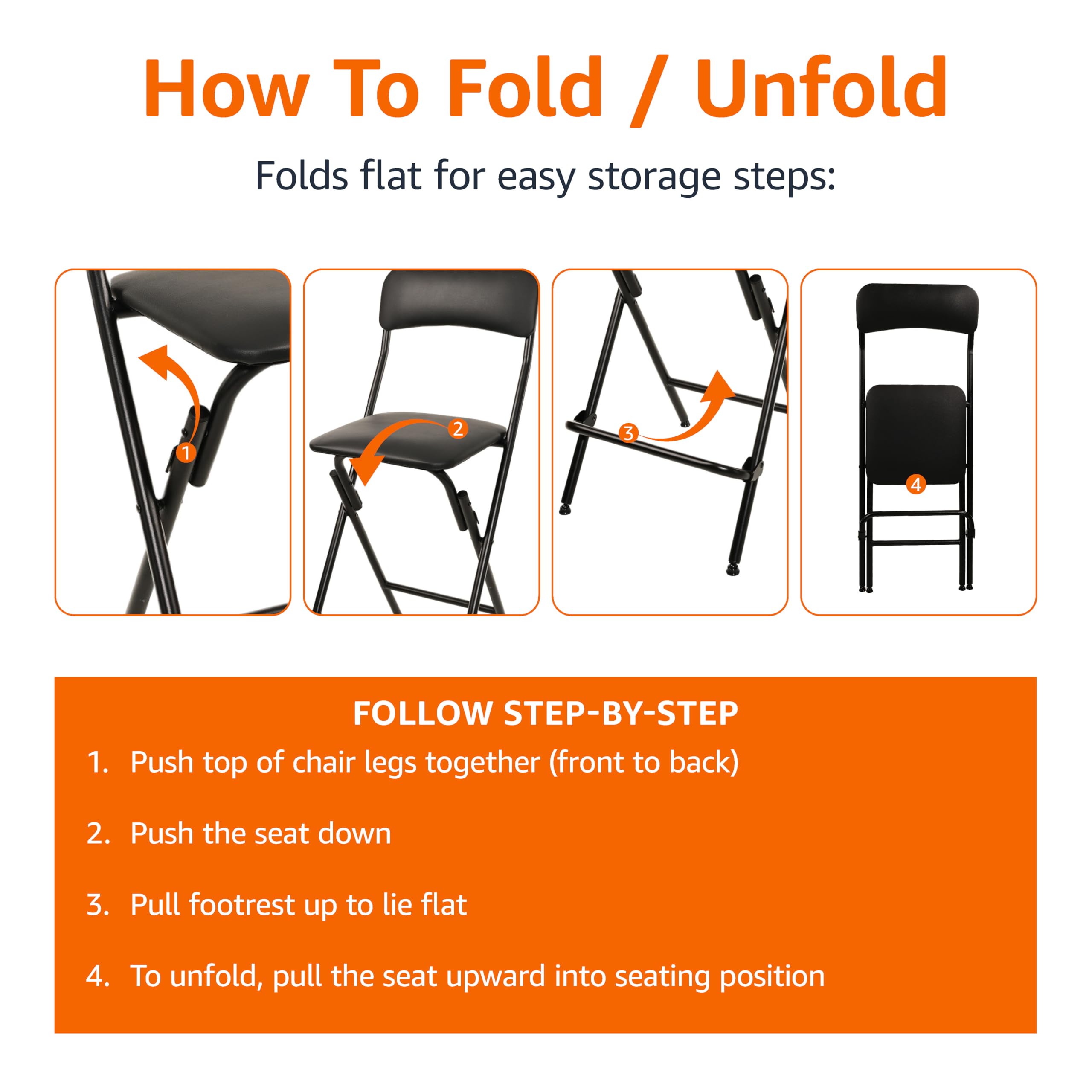Amazon Basics folding bar stool with cushioned seat and 300 lb capacity.
