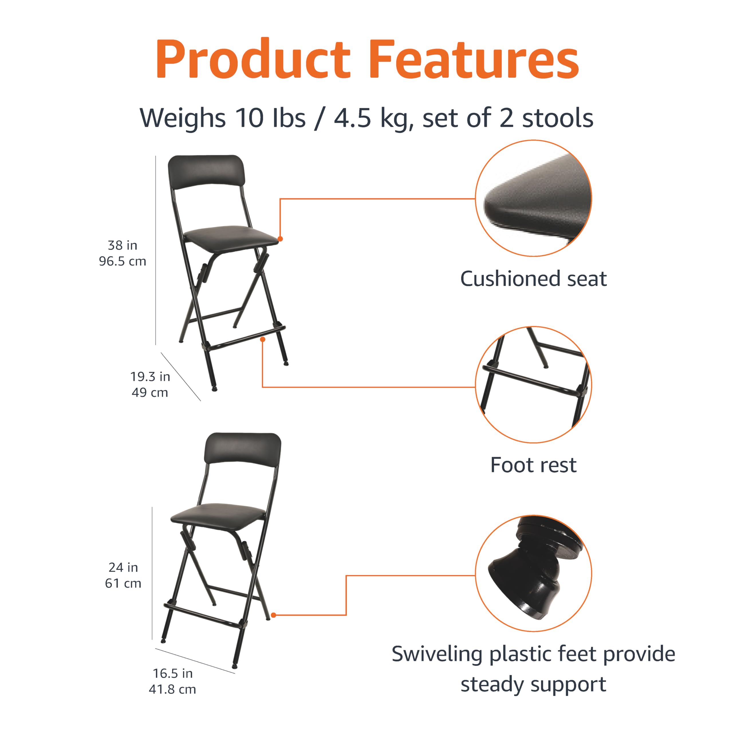 Amazon Basics folding bar stool in black, foldable design saves space when not in use.