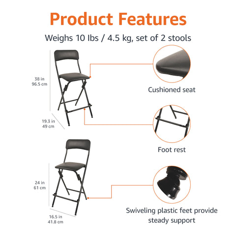 Amazon Basics folding bar stool in black, foldable design saves space when not in use.
