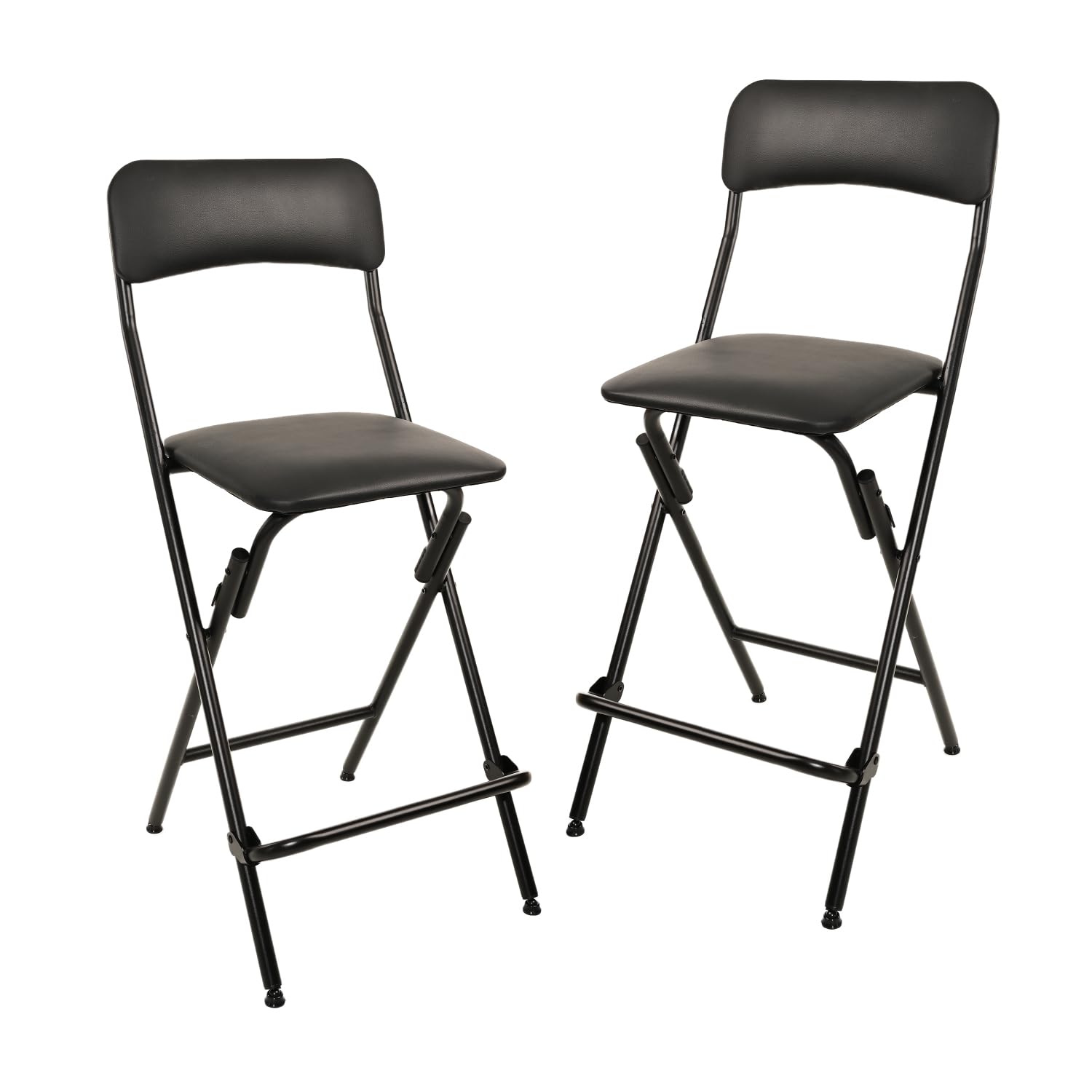 Amazon Basics folding bar stool with footrest in black, comfortable cushion for casual seating.