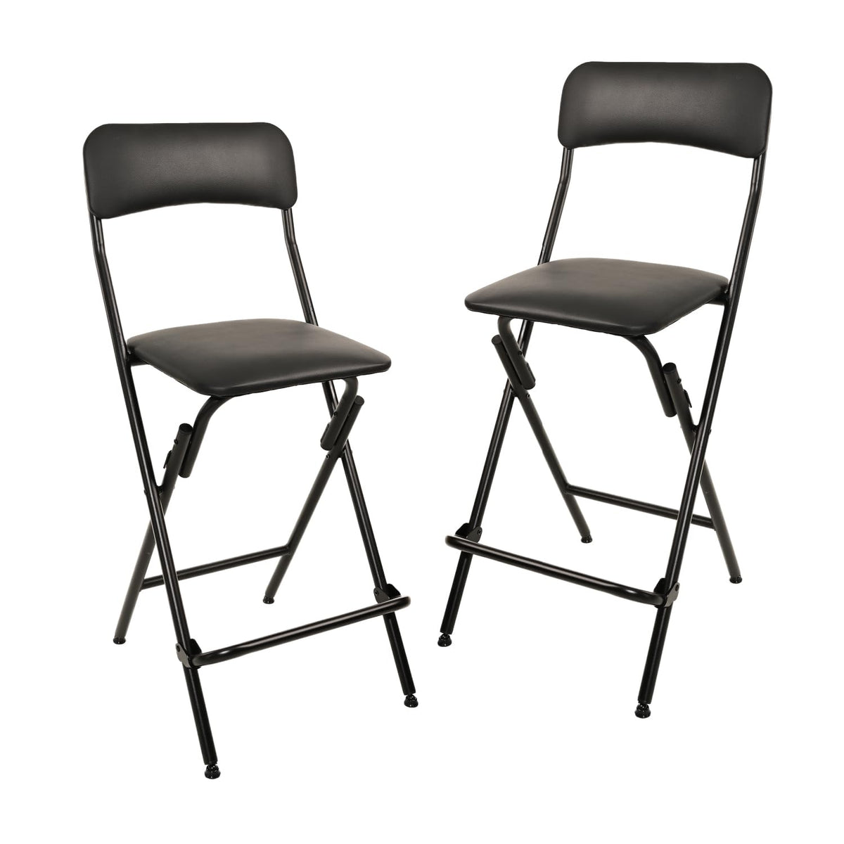Amazon Basics folding bar stool with footrest in black, comfortable cushion for casual seating.