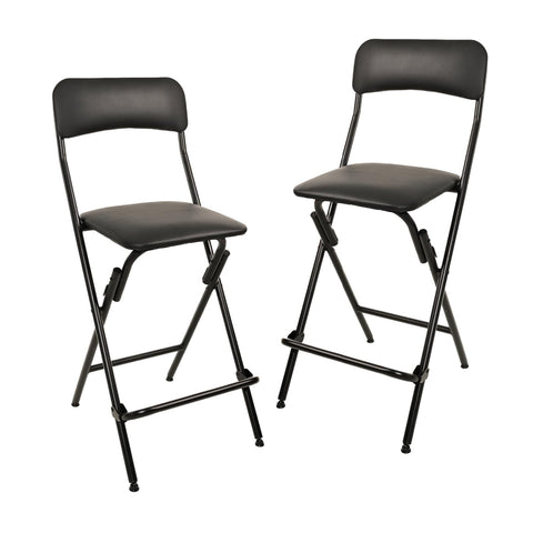 Amazon Basics folding bar stool with footrest in black, comfortable cushion for casual seating.