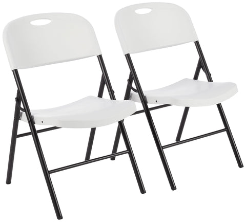 Amazon Basics folding chair with white seat and back support for versatile indoor seating.