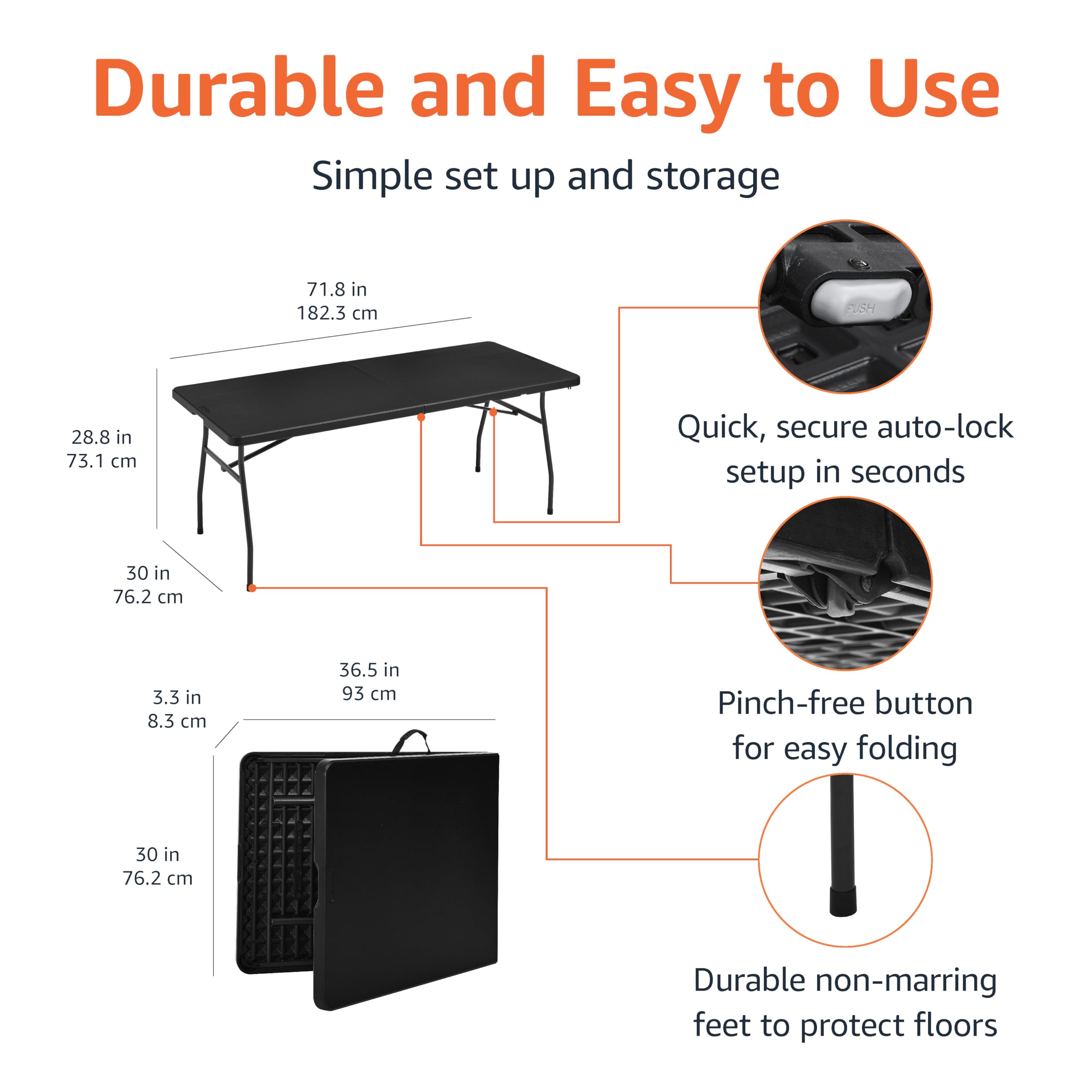Amazon Basics folding table with carry handle enables easy transport and quick setup
