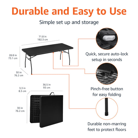 Amazon Basics folding table with carry handle enables easy transport and quick setup