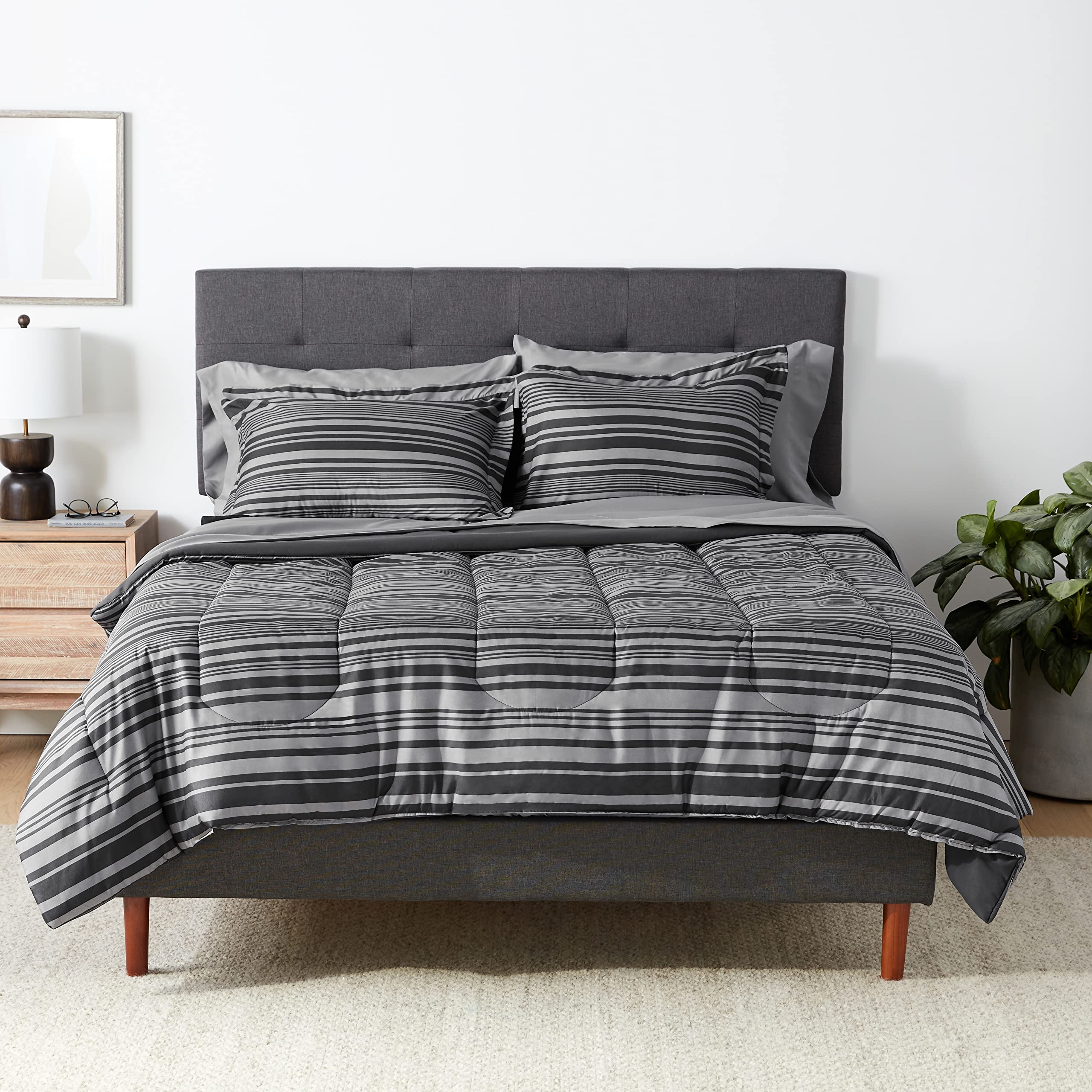 Amazon Basics full/queen comforter set in gray Calvin stripe for stylish all-season warmth