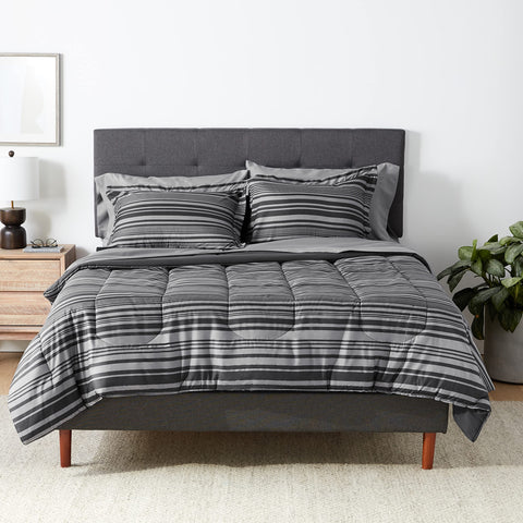 Amazon Basics full/queen comforter set in gray Calvin stripe for stylish all-season warmth