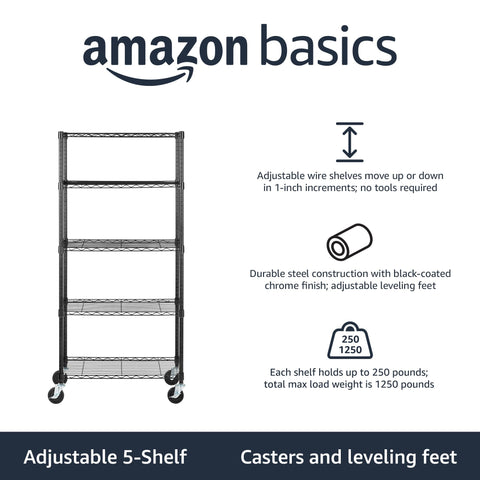Amazon Basics shelving unit with 4-inch casters for easy garage maneuverability.