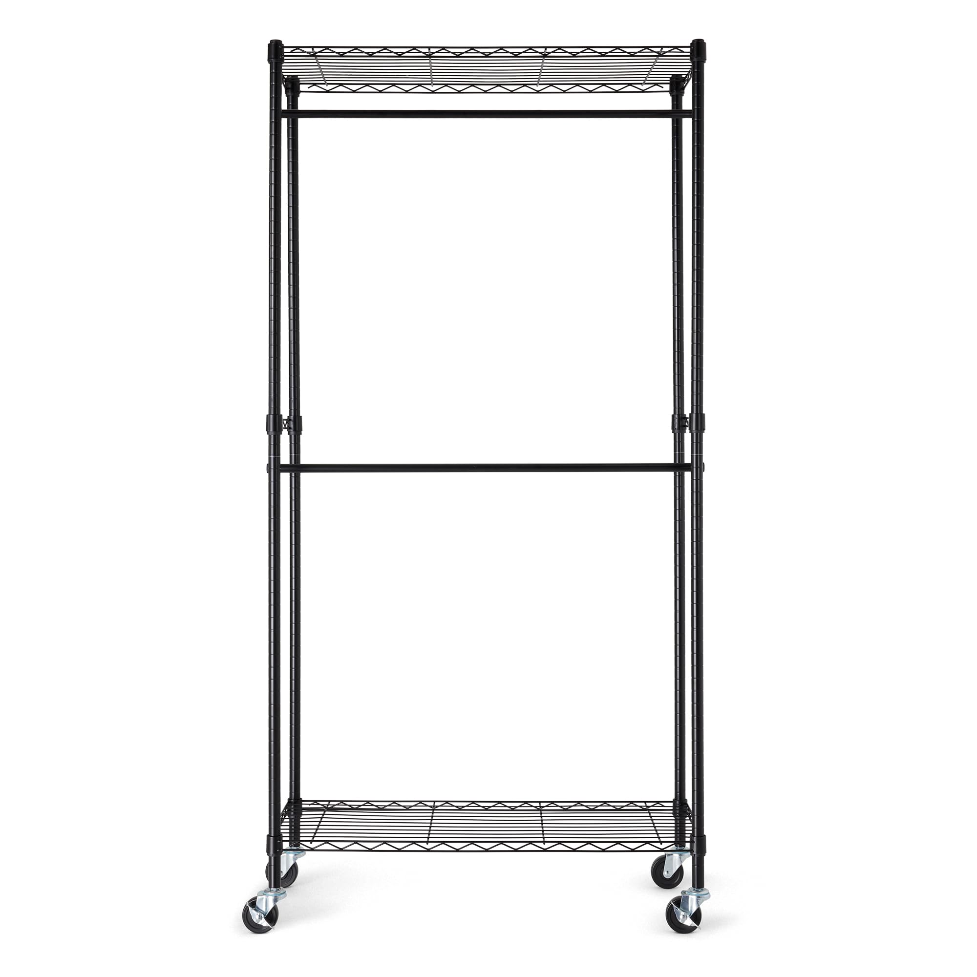 Amazon Basics rolling garment rack with side hanger assembly view