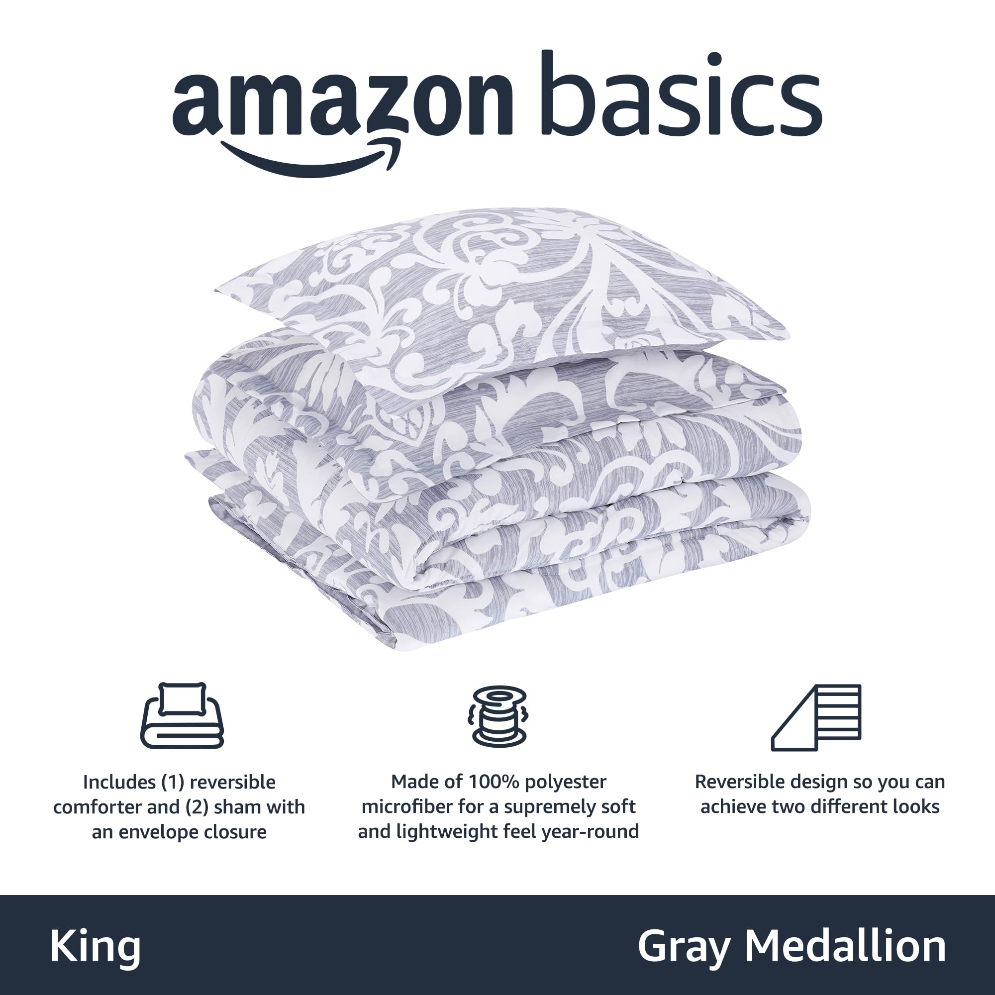 Amazon Basics reversible gray medallion design adds versatile style for year-round comfort.