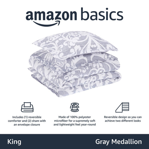 Amazon Basics reversible gray medallion design adds versatile style for year-round comfort.