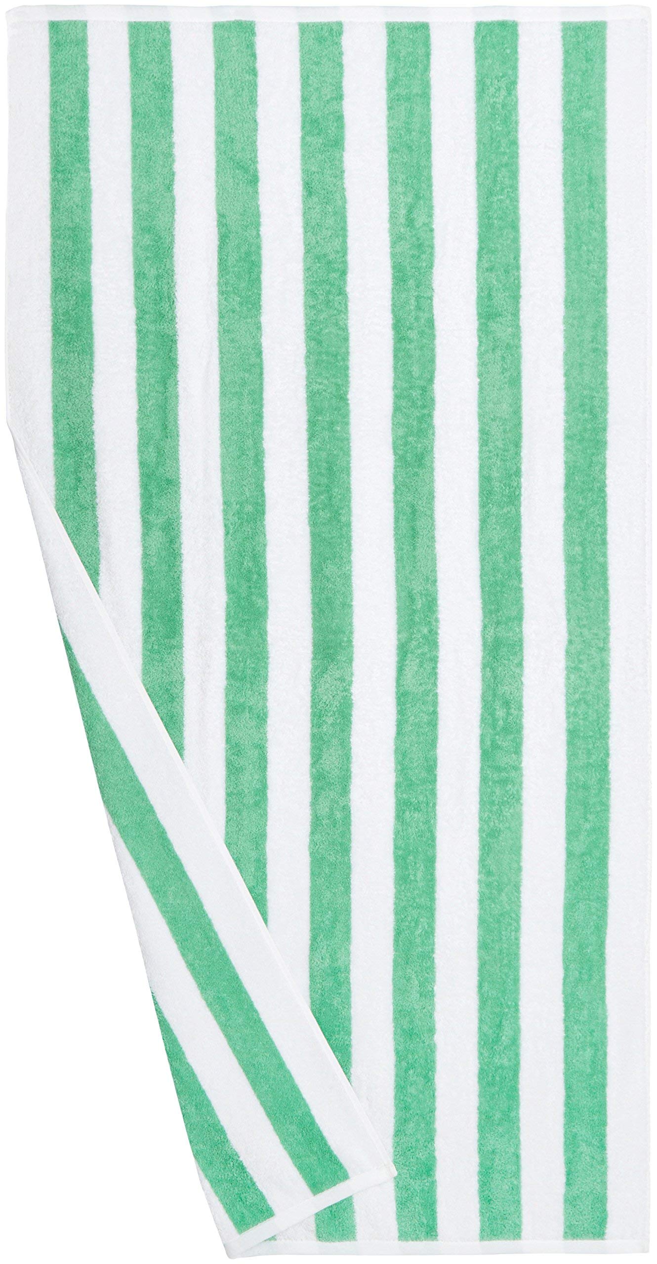Amazon Basics green cabana stripe towel displayed in a bathroom setting.