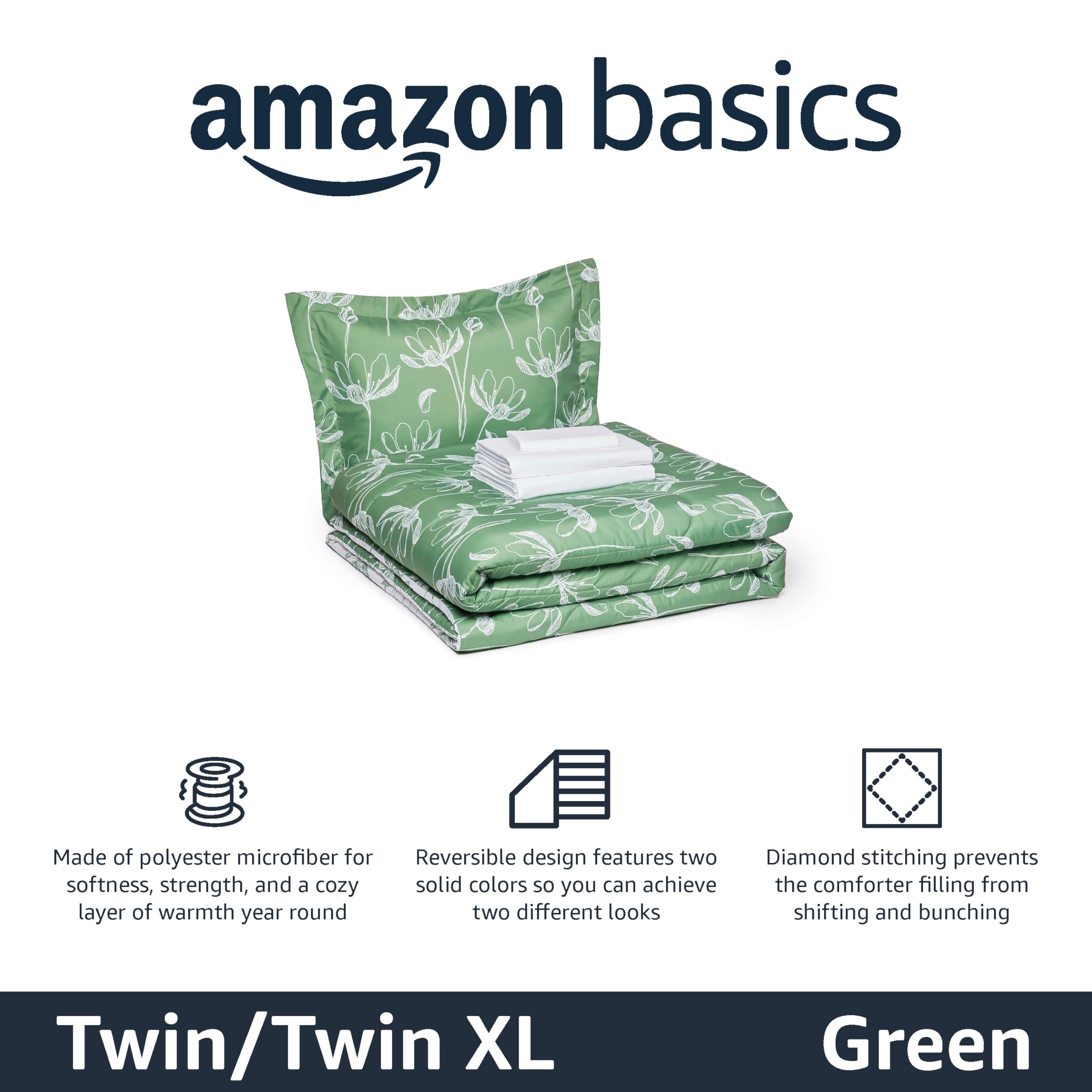 Amazon Basics green floral pillow sham complements the set for a cohesive look