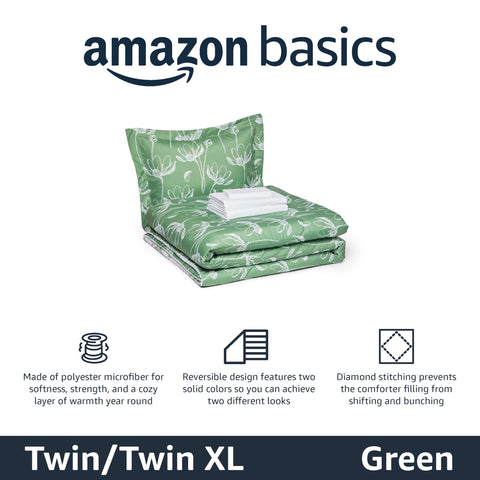 Amazon Basics green floral pillow sham complements the set for a cohesive look