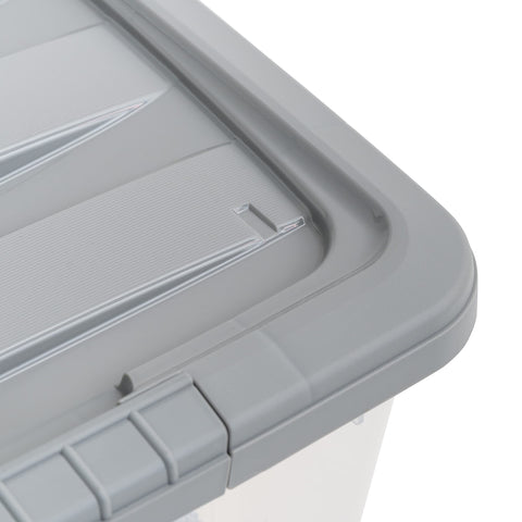 Amazon Basics grey lids on stackable bins save space.