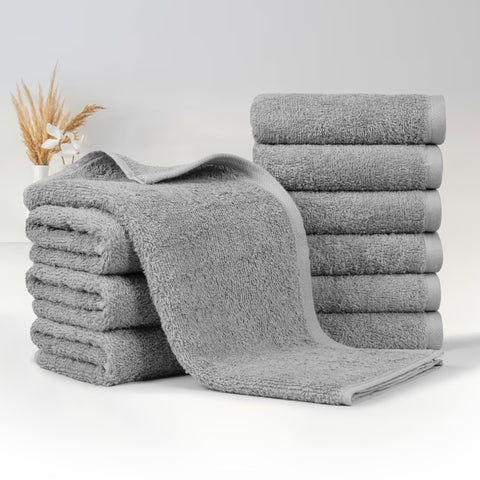 Amazon Basics rolled-edge gray towel emphasizing durability for daily cleaning