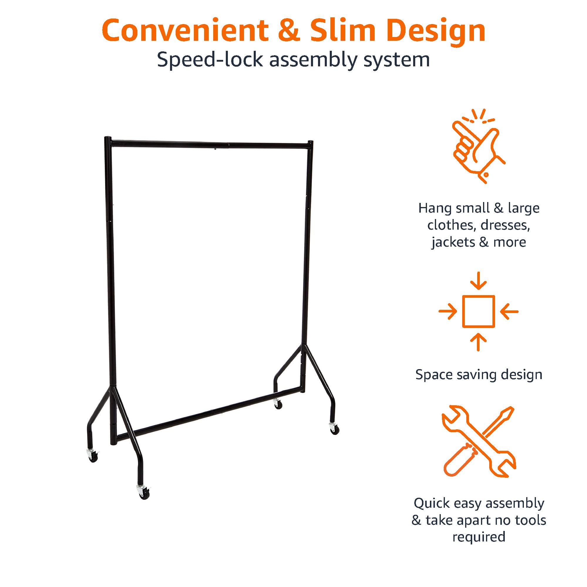 Amazon Basics garment rack with casters highlighting easy mobility and repositioning