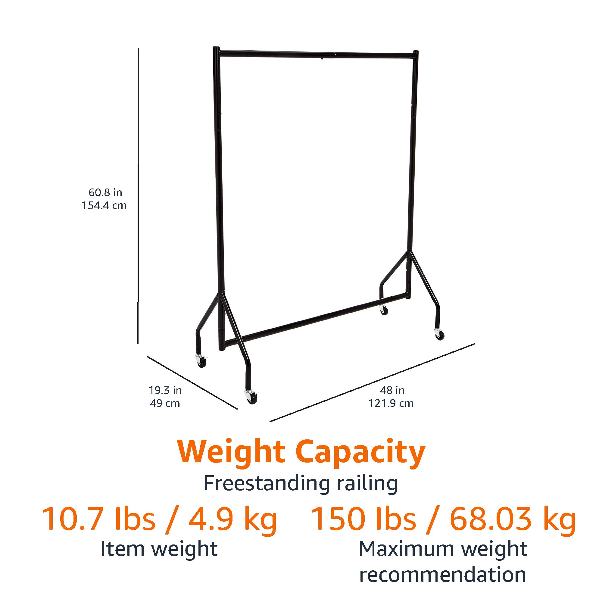 Dimension label on Amazon Basics garment rack showing 19x60x48 inches for planning