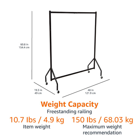Dimension label on Amazon Basics garment rack showing 19x60x48 inches for planning