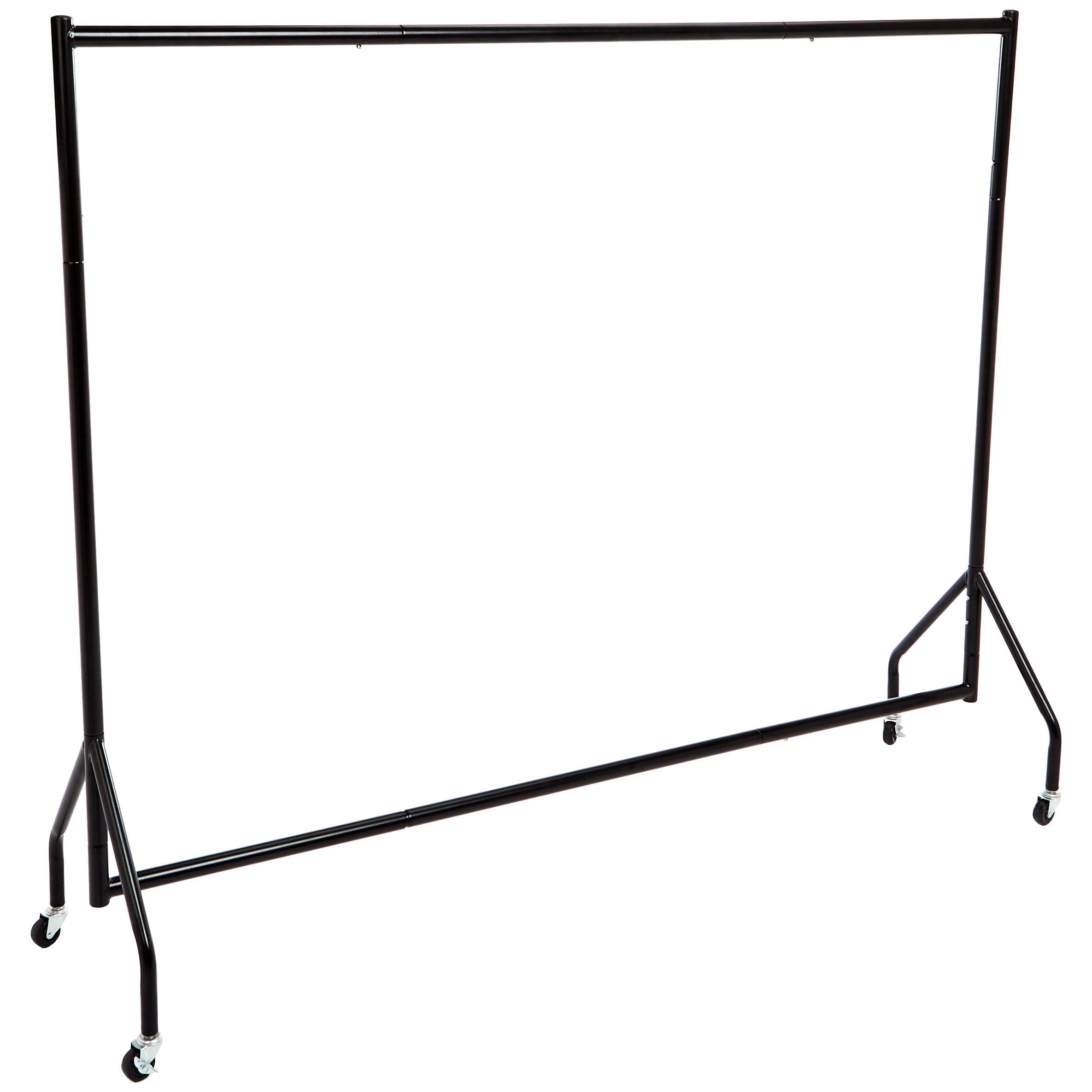 Amazon Basics heavy duty rolling garment rack seen from the side for showroom display.