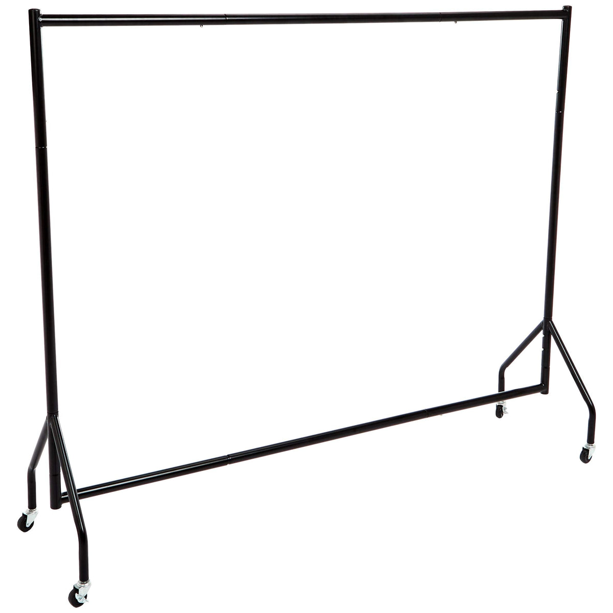 Amazon Basics heavy duty rolling garment rack seen from the side for showroom display.