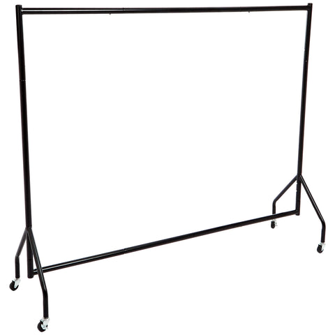 Amazon Basics heavy duty rolling garment rack seen from the side for showroom display.