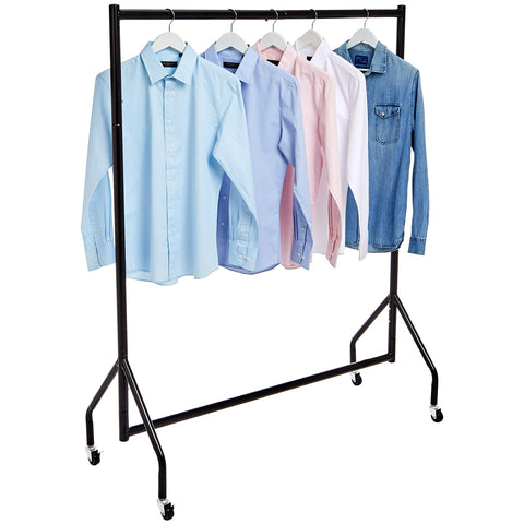 Close-up of Amazon Basics rolling garment rack steel frame showing durable construction