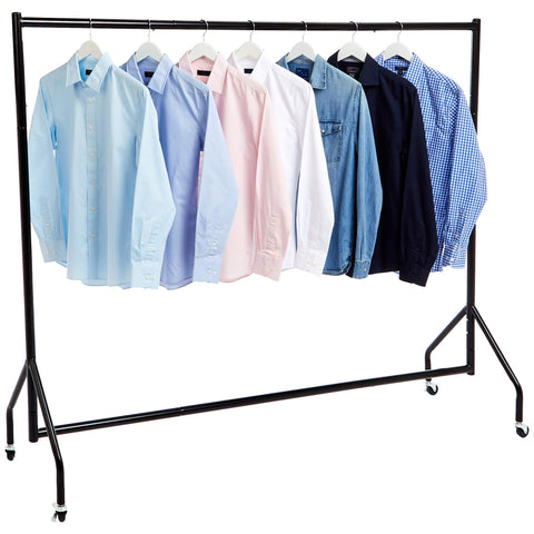 Garment rack with wheels enabling easy mobility and reconfiguration.