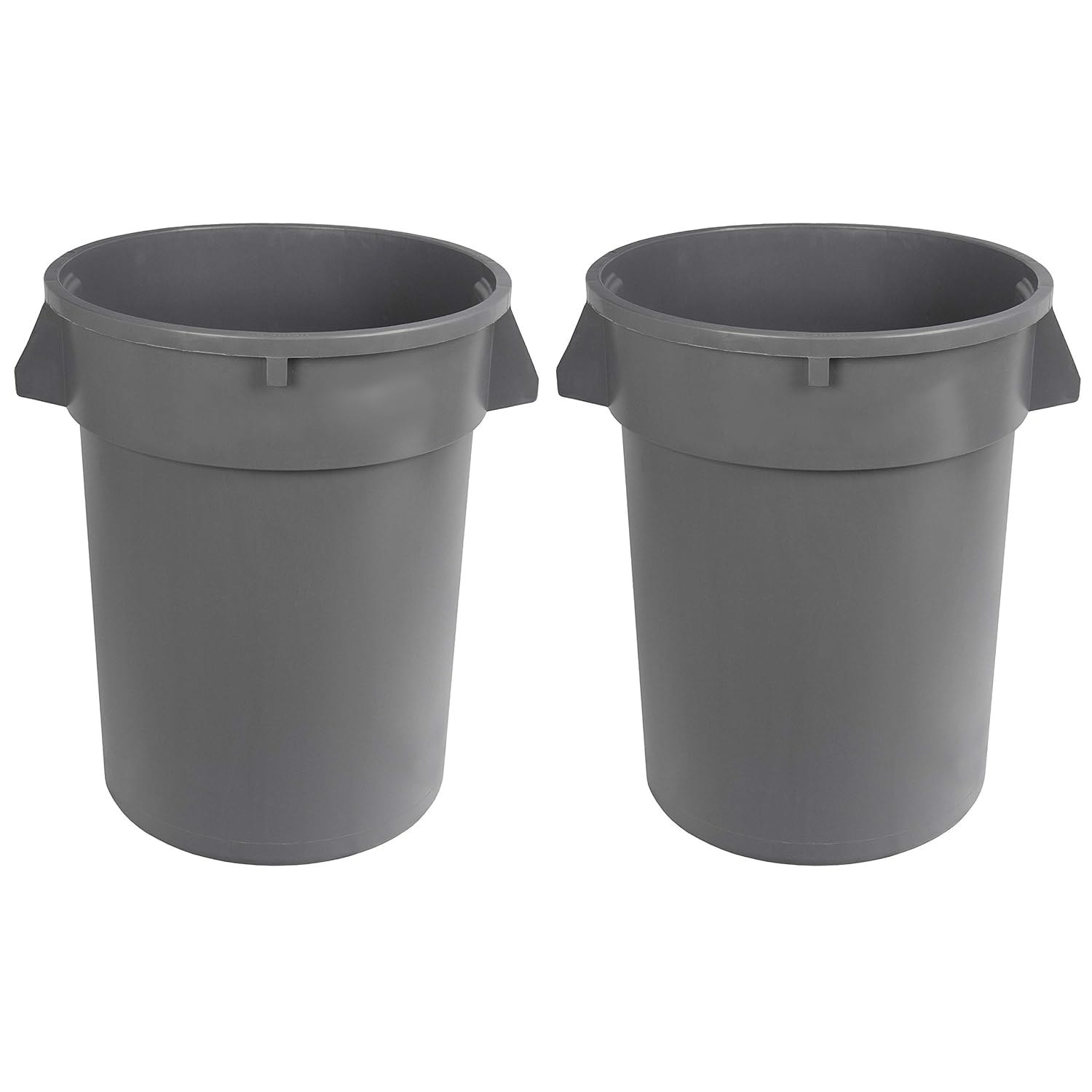 Amazon Basics heavy-duty round trash can 32-gallon grey in a commercial space.