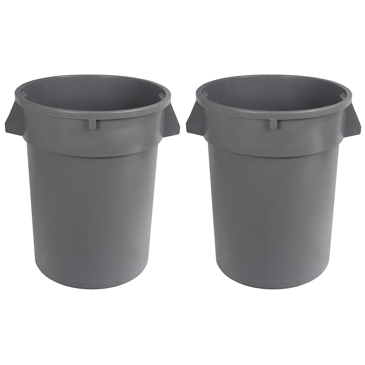 Amazon Basics heavy-duty round trash can 32-gallon grey in a commercial space.