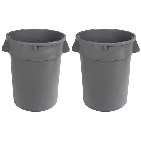 Amazon Basics heavy-duty round trash can 32-gallon grey in a commercial space.