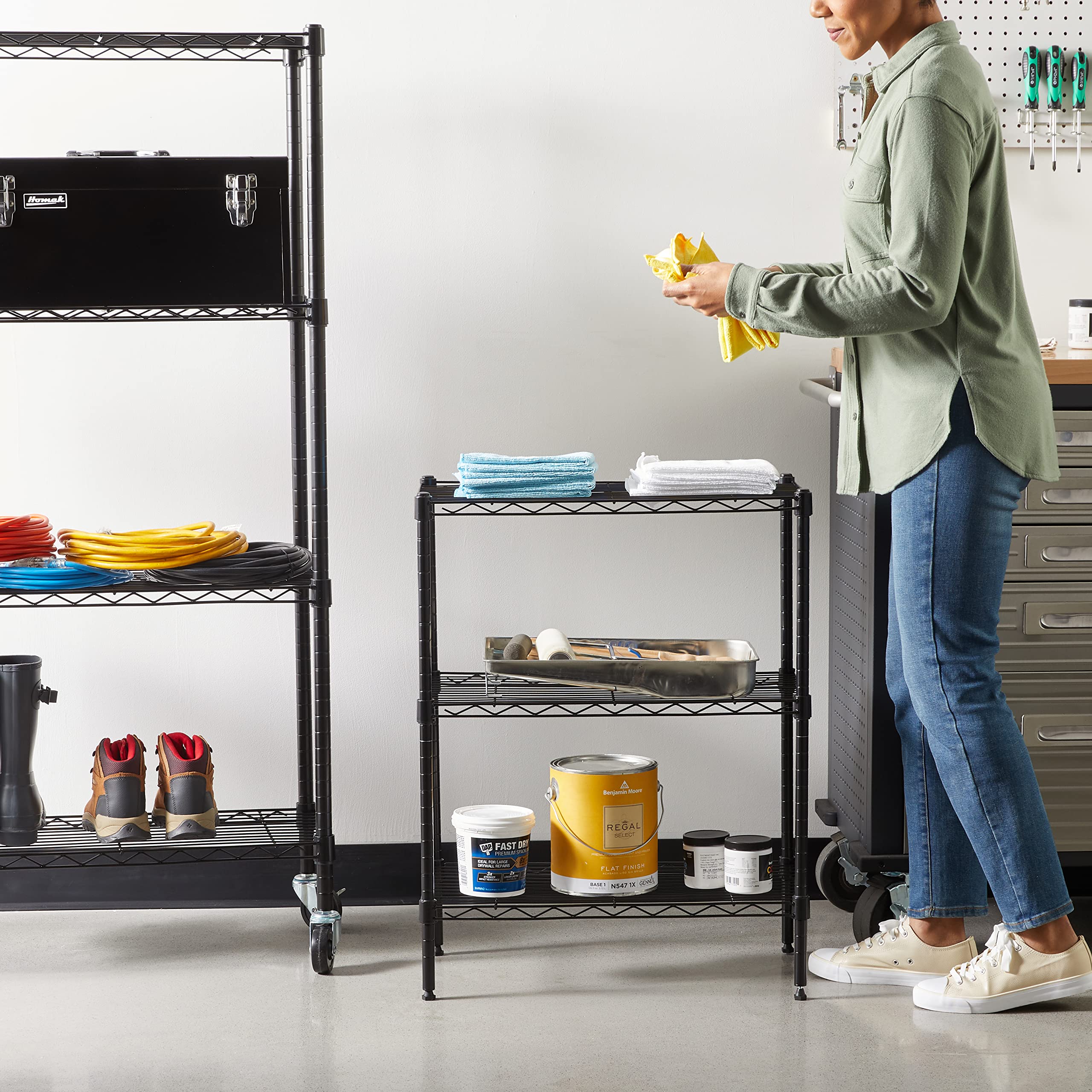 Amazon Basics heavy-duty steel wire rack in black finish boosts durability and versatile storage.