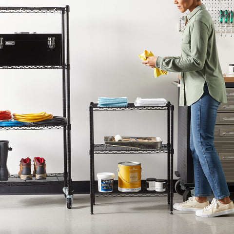 Amazon Basics heavy-duty steel wire rack in black finish boosts durability and versatile storage.